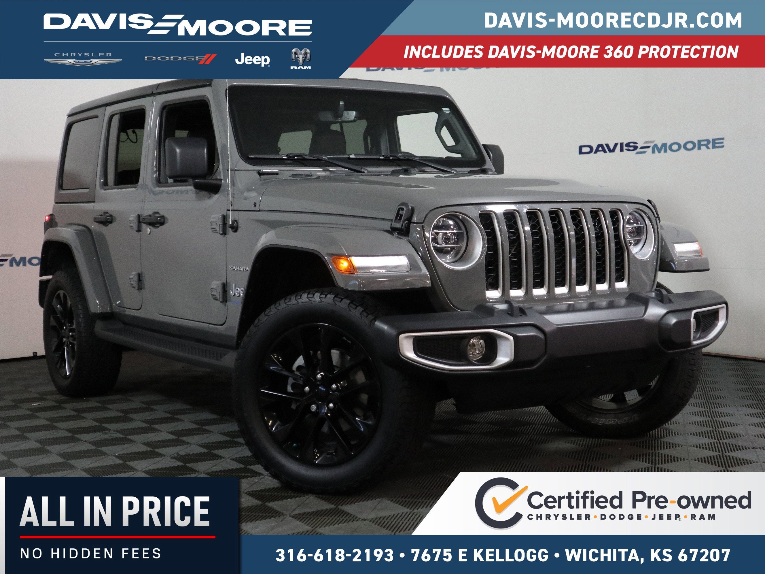 2021 Jeep Wrangler 4xe Unlimited Sahara 4x4 in Sting-Gray Clearcoat — front three-quarter view
