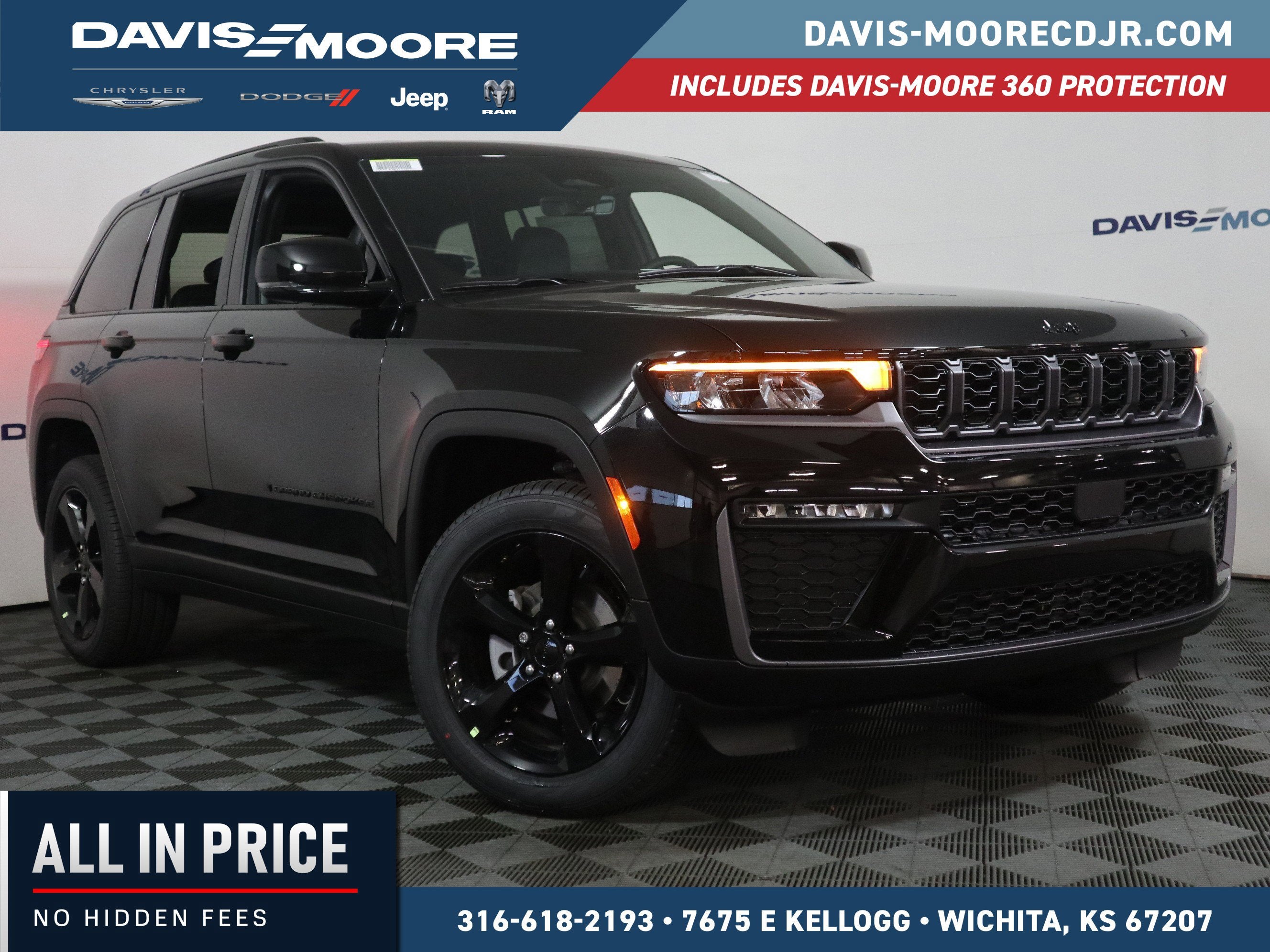 2026 Jeep Grand Cherokee Limited 4x4 in Diamond Black Crystal Pearlcoat — front three-quarter view