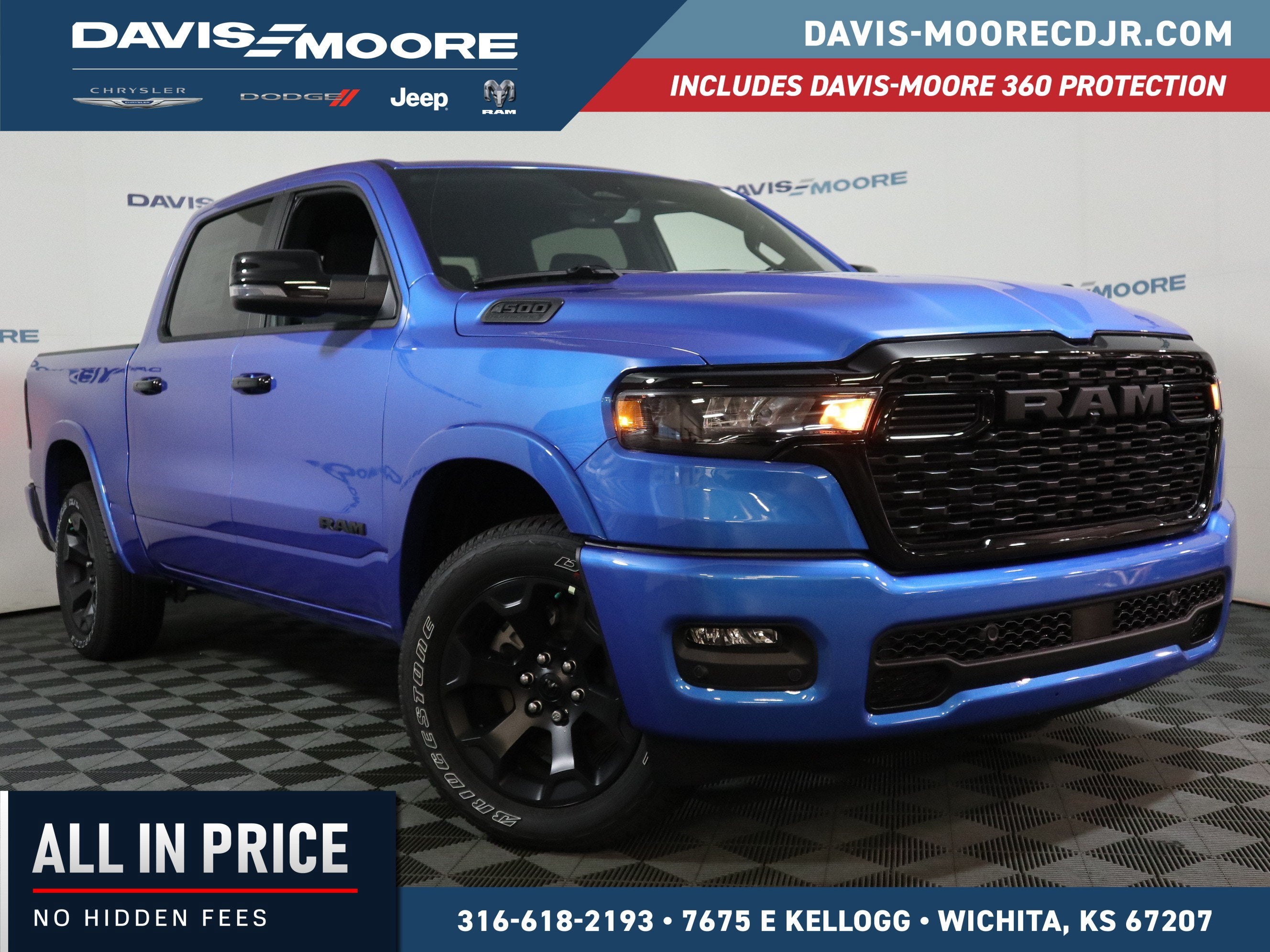 2026 RAM 1500 Big Horn Crew Cab 4x4 in Hydro Blue Pearlcoat — front three-quarter view