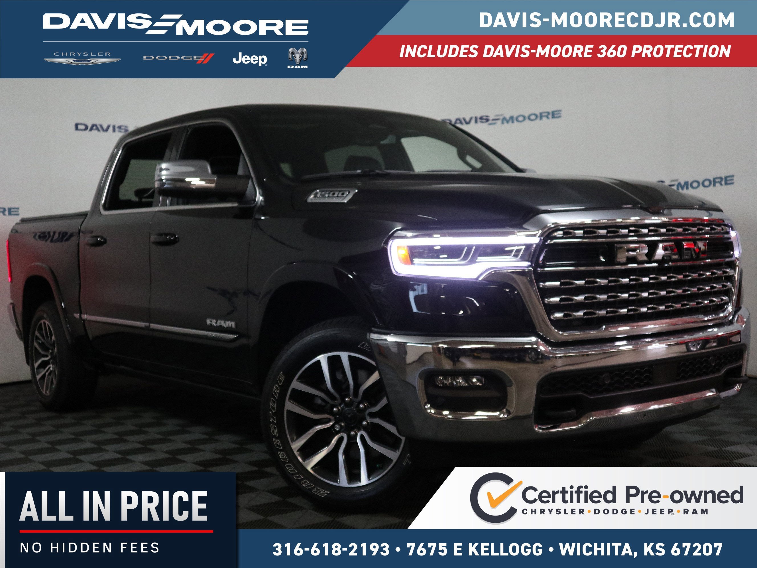 2026 RAM 1500 Limited Crew Cab 4x4 in Diamond Black Crystal Pearlcoat — front three-quarter view