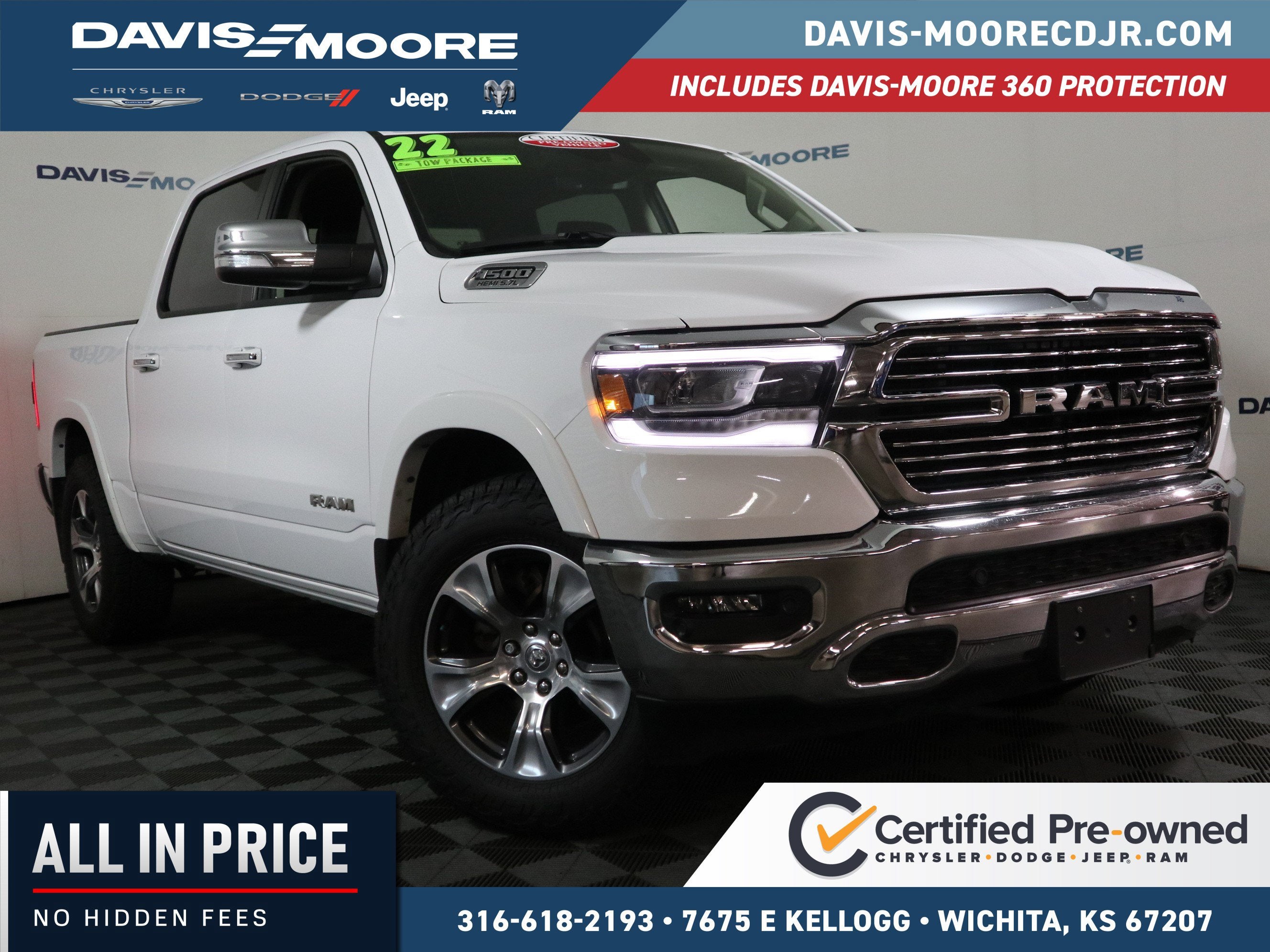 2022 RAM 1500 Laramie 4x4 Crew Cab in Bright White Clearcoat — front three-quarter view