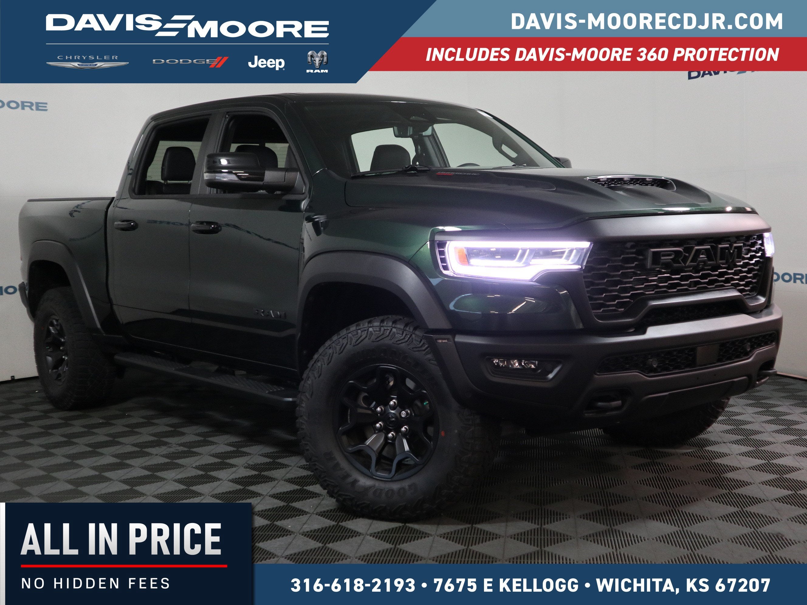 2026 RAM 1500 RHO Crew Cab 4x4 in Serrano Green Metallic — front three-quarter view