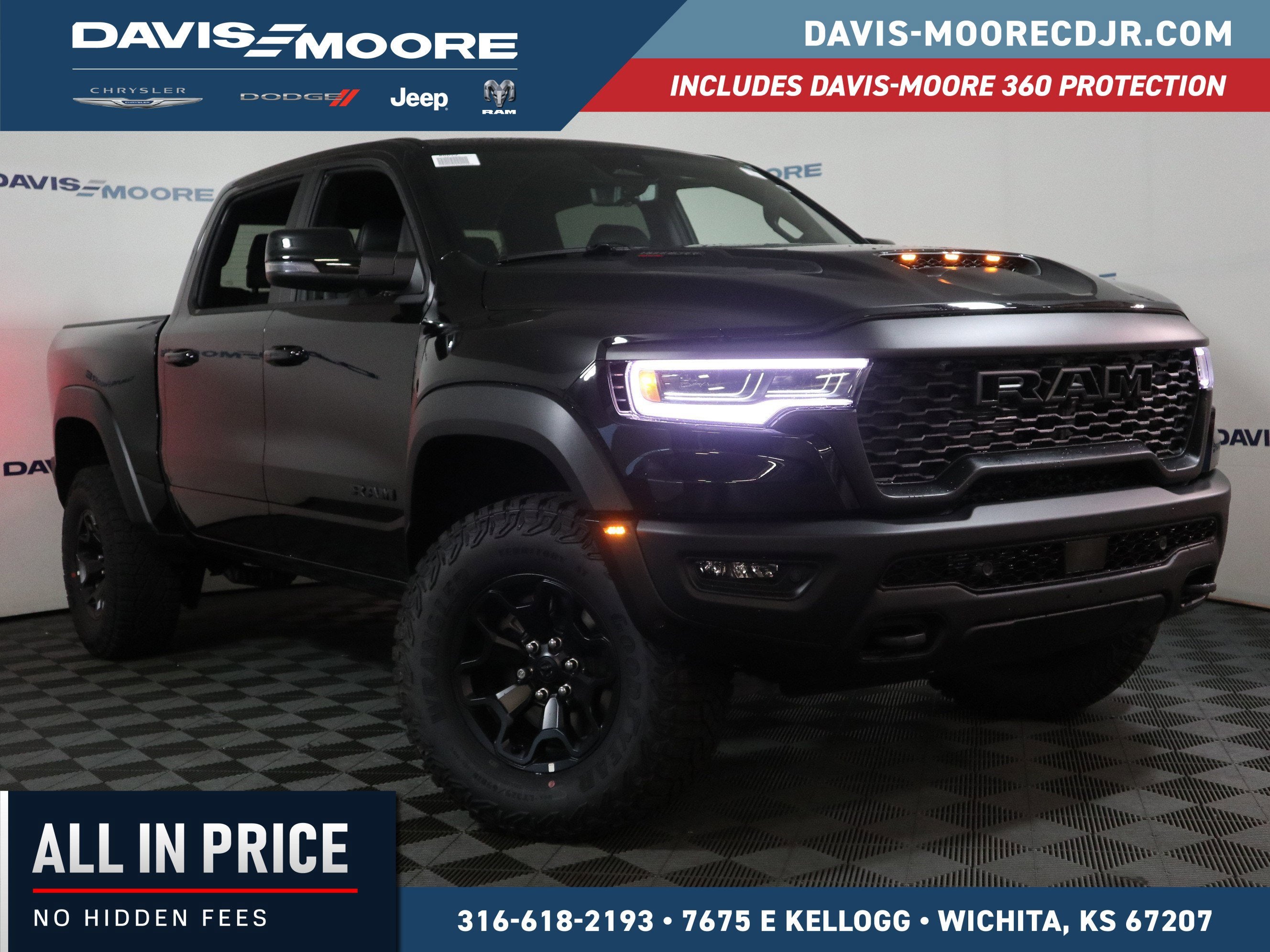 2026 RAM 1500 RHO Crew Cab 4x4 in Diamond Black Crystal Pearlcoat — front three-quarter view